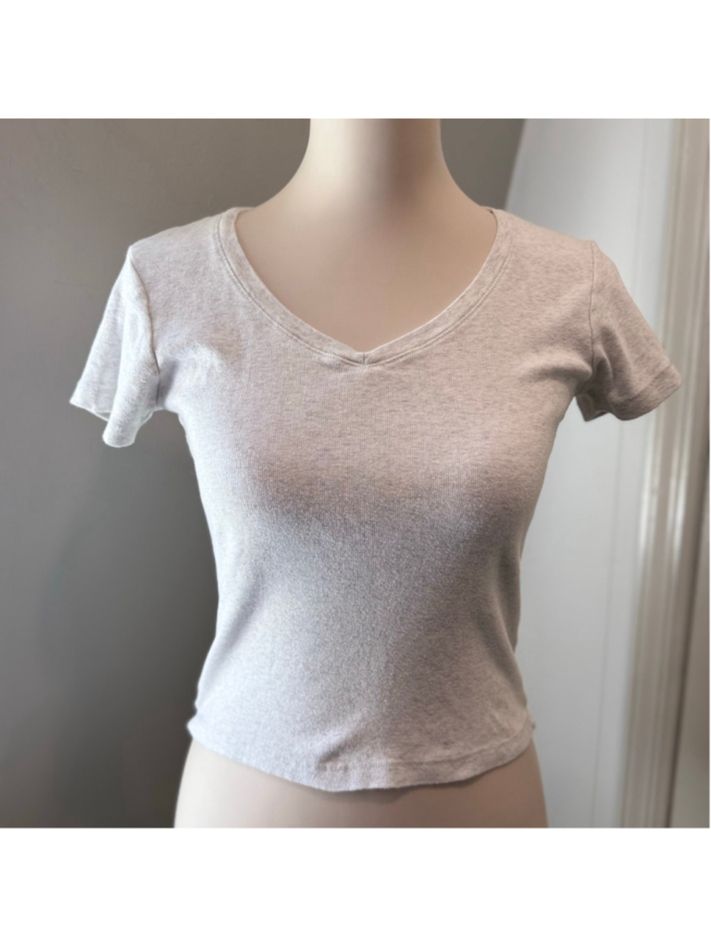 Brandy Melville Heather Gray Fitted Crop V-Neck Baby Tee | One Size